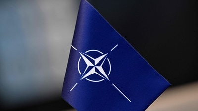 A flag with the logo of the North Atlantic Treaty Organization (NATO) is seen during the Nato - Ukraine Council Defence Ministers at the Nato headquarters in Brussels on February 15, 2024. (Photo by JOHN THYS / AFP) (AFP) A flag with the logo of the North Atlantic Treaty Organization (NATO) is seen during the Nato - Ukraine Council Defence Ministers at the Nato headquarters in Brussels on February 15, 2024. (Photo by JOHN THYS / AFP) (AFP)