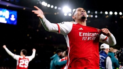 Arsenal's William Saliba celebrates (AP) Arsenal's William Saliba celebrates (AP)