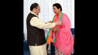 Preneet Kaur meeting BJP national president JP Nadda in New Delhi on Thursday. (JP Nadda X) Preneet Kaur meeting BJP national president JP Nadda in New Delhi on Thursday. (JP Nadda X)