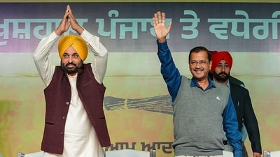 Punjab CM Bhagwant Mann and Delhi CM Arvind Kejriwal during a rally in Mohali. (PTI) Punjab CM Bhagwant Mann and Delhi CM Arvind Kejriwal during a rally in Mohali. (PTI)