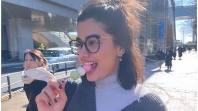 Rashmika looked like she was having the time of her life as she tucked into some hanami dango. (Instagram) Rashmika looked like she was having the time of her life as she tucked into some hanami dango. (Instagram)