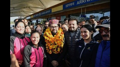Union minister Anurag Thakur, who was given Bharatiya Janata Party (BJP) ticket from Hamirpur in Himachal Pradesh for the upcoming Lok Sabha polls, on Thursday said that he will script a historic win again this time with the help of people of Hamirpur. (HT Photo)
