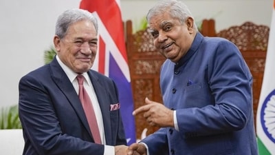 Vice President Jagdeep Dhankar and Deputy Prime Minister and Foreign Minister of New Zealand, Winston Peters, at Vice President House in New Delhi, Wednesday, March 13, 2024. (PTI)