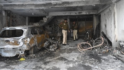Police said they were alerted about a major fire in the Shastri Nagar area of Shahdara around 5.20 am on Thursday. (Sanjeev Verma/HT Photo) Police said they were alerted about a major fire in the Shastri Nagar area of Shahdara around 5.20 am on Thursday. (Sanjeev Verma/HT Photo)