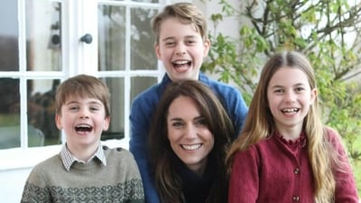 Edited image of Kate Middleton with her kids - Prince Louis (left), Princess Charlotte (right) and Prince George (centre) released by the palace.