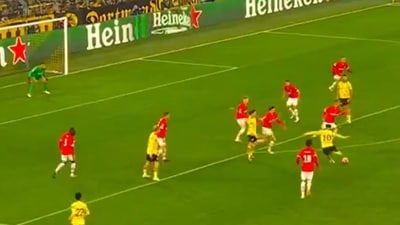 Jadon Sancho scores against PSV. Jadon Sancho scores against PSV.