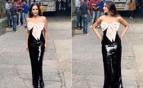 Malaika Arora stuns in a glamorous black shimmer dress adorned with giant white bow. (Instagram) Malaika Arora stuns in a glamorous black shimmer dress adorned with giant white bow. (Instagram)