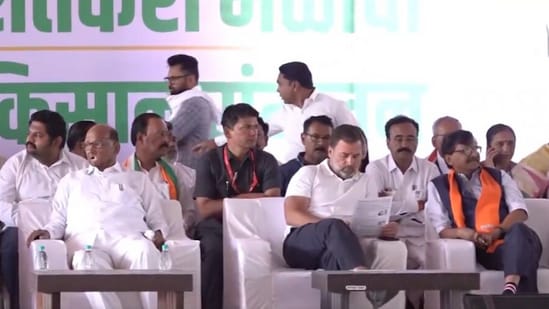 Congress leader Rahul Gandhi was joined by NCP's Sharad Pawar and Shiv Sena (UBT)'s Sanjay Raut for a farmers' meet in Maharashtra's Nashik as part of the Bharat Jodo Nyay Yatra. (X/INC)