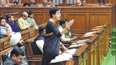 Atishi was speaking at the Delhi assembly which had passed a resolution on March 9 urging immediate action to address issues of water scarcity and sewage overflow. (HT Photo) Atishi was speaking at the Delhi assembly which had passed a resolution on March 9 urging immediate action to address issues of water scarcity and sewage overflow. (HT Photo)