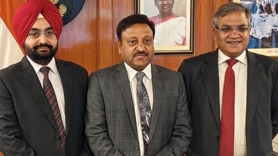 Chief Election Commissioner Rajiv Kumar with election commissioners Sukhbir Singh Sandhu and Gyanesh Kumar on Friday. (PTI)