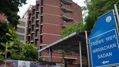The Election Commission of India signboard is seen in the picture. The Election Commission of India signboard is seen in the picture.