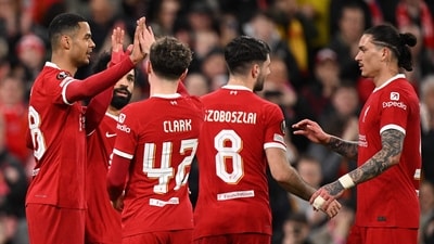 Liverpool's Dutch striker Cody Gakpo (L) celebrates scoring the team's fourth goal with Mohamed Salah, Bobby Clark and Darwin Nunez (AFP) Liverpool's Dutch striker Cody Gakpo (L) celebrates scoring the team's fourth goal with Mohamed Salah, Bobby Clark and Darwin Nunez (AFP)