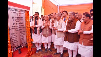 Haryana CM Nayab Singh Saini and his predecessor Manohar Lal Khattar during the foundation laying ceremony of Guru Ravidas Memorial in Kurukshetra on Friday. (HT Photo) Haryana CM Nayab Singh Saini and his predecessor Manohar Lal Khattar during the foundation laying ceremony of Guru Ravidas Memorial in Kurukshetra on Friday. (HT Photo)