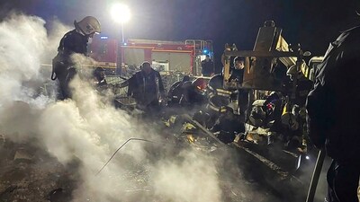 Emergency services work at the scene of a building that was damaged by a Russian drone attack in Vinnytsia, Ukraine, (AP) Emergency services work at the scene of a building that was damaged by a Russian drone attack in Vinnytsia, Ukraine, (AP)