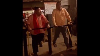 Nagaland minister Temjen Imna Along (left) working out in an open gym. (X/@AlongImna) Nagaland minister Temjen Imna Along (left) working out in an open gym. (X/@AlongImna)