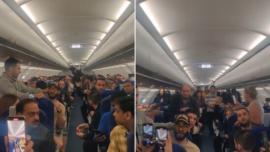 The image shows a Georgian choir performing India's national anthem on an IndiGo flight. (Instagram/@newbanaschoir)