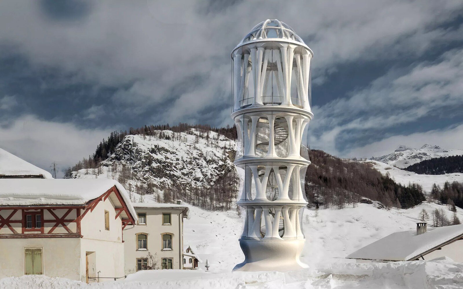 The 30-metre White Tower, being built as a cultural centre in the Swiss Alps. The 30-metre White Tower, being built as a cultural centre in the Swiss Alps.
