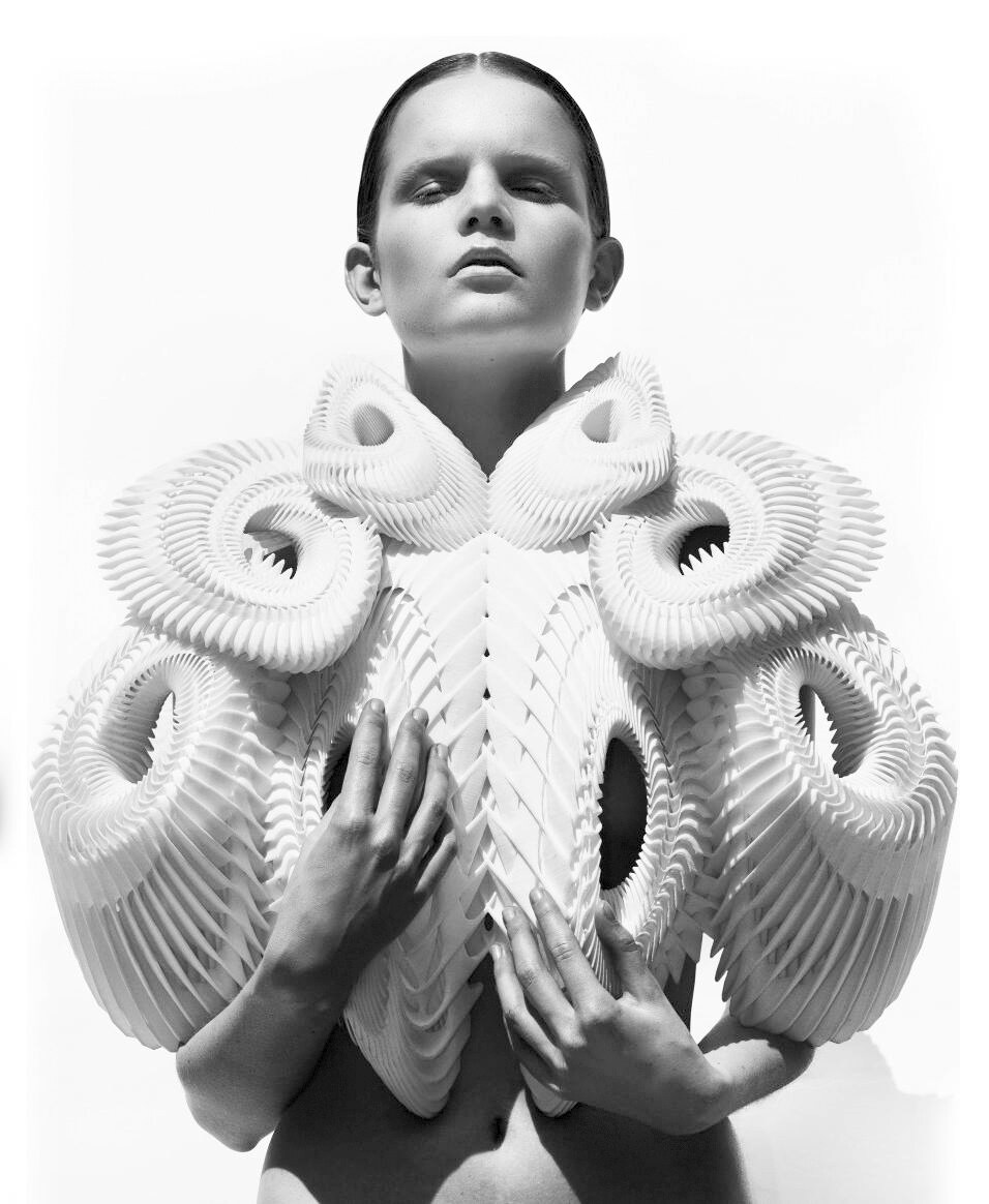 An early 3D-printed garment showcased by Dutch designer Iris van Herpen in 2010. It was made of polymer and assembled by hand. (Image: Iris van Herpen) An early 3D-printed garment showcased by Dutch designer Iris van Herpen in 2010. It was made of polymer and assembled by hand. (Image: Iris van Herpen)