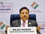 Chief election commissioner Rajiv Kumar speaks during the Election Commission press conference on Saturday.(Raj K Raj/HT Photo)