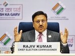 Chief election commissioner Rajiv Kumar during the press conference on the 2024 Lok Sabha elections schedule at Vigyan Bhawan in New Delhi on March 16. (Raj K Raj/HT photo) Chief election commissioner Rajiv Kumar during the press conference on the 2024 Lok Sabha elections schedule at Vigyan Bhawan in New Delhi on March 16. (Raj K Raj/HT photo)