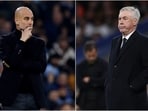 Pep Guardiola (L) and Carlo Ancelotti during Champions League fixtures