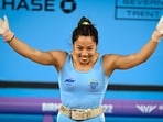 India's Mirabai Chanu reacts after winning the gold medal in the women's 49kg weightlifting category at the Commonwealth Games 2022