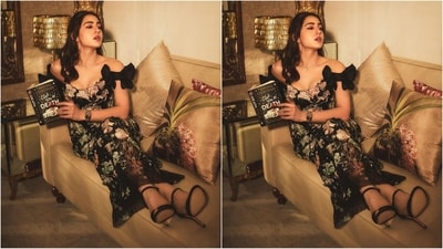 Sara's stunning gown features a plunging neckline, a body-hugging fit, cropped hem, intricate floral embroidery adorning the dress all over for an extra touch of allure, and a trendy black bow pattern on the sleeves enhancing her overall look. (Instagram/@saraalikhan95) Sara's stunning gown features a plunging neckline, a body-hugging fit, cropped hem, intricate floral embroidery adorning the dress all over for an extra touch of allure, and a trendy black bow pattern on the sleeves enhancing her overall look. (Instagram/@saraalikhan95)