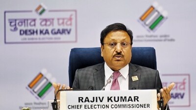Chief election commissioner Rajiv Kumar speaks during the Election Commission press conference on Saturday. (Raj K Raj/HT Photo) Chief election commissioner Rajiv Kumar speaks during the Election Commission press conference on Saturday. (Raj K Raj/HT Photo)
