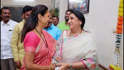 NCP (SCP) leader Supriya Sule and Ajit Pawar's wife Sunetra Pawar meet at a temple in Baramati recently. (PTI) NCP (SCP) leader Supriya Sule and Ajit Pawar's wife Sunetra Pawar meet at a temple in Baramati recently. (PTI)