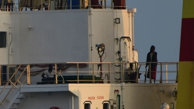The Maltese-flagged bulk cargo vessel Ruen seized by Somali pirates, which was intercepted by the Indian Navy. Suspected pirates seen aboard the ship. (Navy )