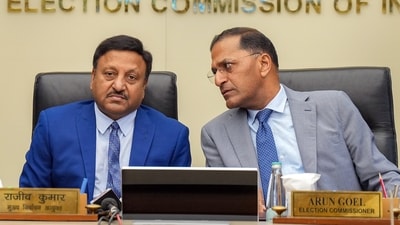 Chief election commissioner Rajiv Kumar and ex-election commissioner Arun Goel. (PTI file) Chief election commissioner Rajiv Kumar and ex-election commissioner Arun Goel. (PTI file)