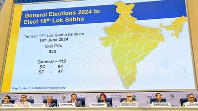 Chief Election Commissioner Rajiv Kumar with Election Commissioners Gyanesh Kumar and S.S. Sandhu during announcement of the schedule for General Elections 2024, (PTI) Chief Election Commissioner Rajiv Kumar with Election Commissioners Gyanesh Kumar and S.S. Sandhu during announcement of the schedule for General Elections 2024, (PTI)