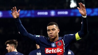 Kylian Mbappe celebrates a goal for PSG. (REUTERS)