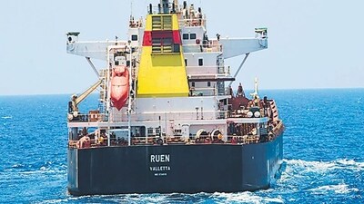 This photograph shared by Indian navy on the X platform shows the hijacked ship ex-MV Ruen, Saturday. (AP) This photograph shared by Indian navy on the X platform shows the hijacked ship ex-MV Ruen, Saturday. (AP)