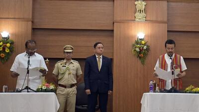Two TIPRA Motha legislators were administered oath of secrecy as cabinet ministers by Tripura governor Indrasena Reddy Nallu at the Raj Bhawan on March 7. (ANI)