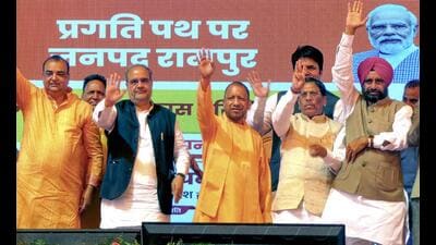 UP CM Yogi Adityanath during the foundation stone laying and inauguration ceremony of various developmental projects, in Rampur on Saturday (PTI) UP CM Yogi Adityanath during the foundation stone laying and inauguration ceremony of various developmental projects, in Rampur on Saturday (PTI)