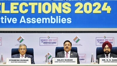 Chief Election Commissioner Rajiv Kumar with Gyanesh kumar and Dr S Sandhu during the press conference. (Raj K Raj/HT Photo) Chief Election Commissioner Rajiv Kumar with Gyanesh kumar and Dr S Sandhu during the press conference. (Raj K Raj/HT Photo)
