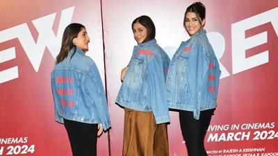 Kareena Kapoor, Tabu and Kriti Sanon wear matching jackets to promote the film at the trailer launch event. The official catch phrase for the film is ‘Risk it, Fake it, Steal it.’ Kareena Kapoor, Tabu and Kriti Sanon wear matching jackets to promote the film at the trailer launch event. The official catch phrase for the film is ‘Risk it, Fake it, Steal it.’
