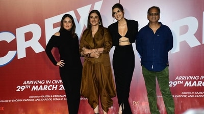 Kareena Kapoor, Tabu and Kriti Sanon pose with director Rajesh A Krishnan at the trailer launch of Crew. The film will also feature Diljit Dosanjh in a lead role and Kapil Sharma in a cameo appearance. Kareena Kapoor, Tabu and Kriti Sanon pose with director Rajesh A Krishnan at the trailer launch of Crew. The film will also feature Diljit Dosanjh in a lead role and Kapil Sharma in a cameo appearance. 