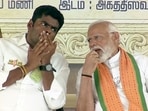 Prime Minister Narendra Modi interacts with Tamil Nadu Bharatiya Janata Party (BJP) President K Annamalai during a public rally in Kanniyakumari. (ANI Photo)