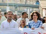 Congress leader Rahul Gandhi and party's general secretary Priyanka Gandhi Vadra begin the 'Jan Nyay Padyatra' from Mani Bhavan Sangrahalaya in Mumbai on Sunday. (ANI Photo) 