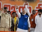 N Chandrababu Naidu and Pawan Kalyan with Prime Minister Narendra Modi. N Chandrababu Naidu and Pawan Kalyan with Prime Minister Narendra Modi.