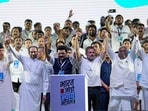 Leaders of the opposition alliance, from left to right, Farooq Abdullah of Jammu & Kashmir National Conference, Uddhav Thackeray of Shivsena (Uddhav Balasaheb Thackeray), Chief Minister of Tamil Nadu M. K. Stalin of Dravida Munnetra Kazhagam, Rahul Gandhi and Mallikarjun Kharge of Indian National Congress, and Sharad Pawar of Nationalist Congress Party (Sharad Pawar) raise their arms in a show of unity at the conclusion of Bharat Jodo Nyay Yatra in Mumbai.