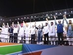 Mumbai: I.N.D.I.A. alliance leaders pose at the concluding program of the Bharat Jodo Nyay Yatra, in Mumbai, Saturday, March 17, 2024. (PTI)