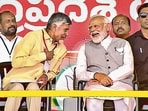 Prime Minister Narendra Modi with TDP chief N Chandrababu Naidu in Palnadu on Sunday. (PTI)(HT_PRINT)