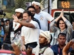 Congress leader Rahul Gandhi and party general secretary Priyanka Gandhi Vadra during the 'Bharat Jodo Nyay Yatra' at Kurla in Mumbai on Saturday.(ANI)