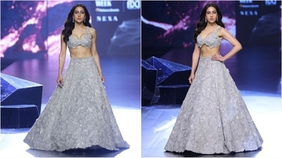 Sara Ali Khan looked absolutely glamorous as she walked the ramp for Varun Chakkilam. Her ethereal lehenga look comes in an enchanting silver hue and features a plunging neckline bralette adorned with silver embellishments all over. She paired it with a matching flared skirt, ozzing glam vibes. She finished off her stunning look with dewy make-up, dazzling diamond drop earrings and her open centre-weave locks. (Instagram/@lakmefashionwk) Sara Ali Khan looked absolutely glamorous as she walked the ramp for Varun Chakkilam. Her ethereal lehenga look comes in an enchanting silver hue and features a plunging neckline bralette adorned with silver embellishments all over. She paired it with a matching flared skirt, ozzing glam vibes. She finished off her stunning look with dewy make-up, dazzling diamond drop earrings and her open centre-weave locks. (Instagram/@lakmefashionwk)