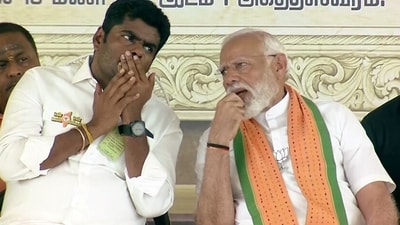 Prime Minister Narendra Modi interacts with Tamil Nadu Bharatiya Janata Party (BJP) President K Annamalai during a public rally in Kanniyakumari. (ANI Photo) Prime Minister Narendra Modi interacts with Tamil Nadu Bharatiya Janata Party (BJP) President K Annamalai during a public rally in Kanniyakumari. (ANI Photo)