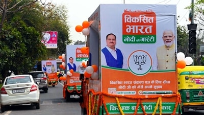 Viksit Bharat Modi Ki Guarantee Raths during their flagging off by BJP National President J P Nadda in New Delhi, India, on Monday, February 26, 2024. (Photo by Arvind Yadav/ Hindustan Times) Viksit Bharat Modi Ki Guarantee Raths during their flagging off by BJP National President J P Nadda in New Delhi, India, on Monday, February 26, 2024. (Photo by Arvind Yadav/ Hindustan Times)