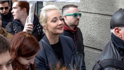 Yulia Navalnaya, widow of Alexey Navalny, stands in a queue with people protesting in front of the Russian embassy in Berlin, (AP)
